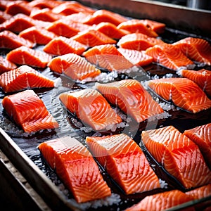 Raw fresh salmon fish fillets, food processing for restaurant prep or food manufacturing industry factory