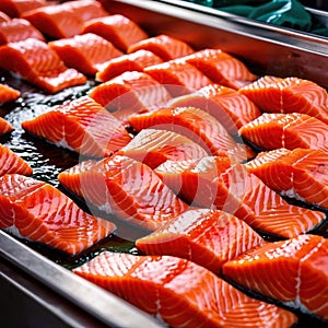 Raw fresh salmon fish fillets, food processing for restaurant prep or food manufacturing industry factory