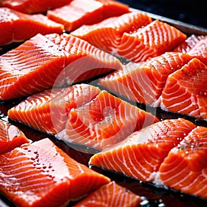 Raw fresh salmon fish fillets, food processing for restaurant prep or food manufacturing industry factory