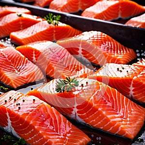 Raw fresh salmon fish fillets, food processing for restaurant prep or food manufacturing industry factory