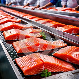 Raw fresh salmon fish fillets, food processing for restaurant prep or food manufacturing industry factory