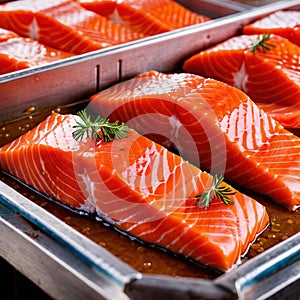 Raw fresh salmon fish fillets, food processing for restaurant prep or food manufacturing industry factory