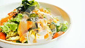 Raw fresh salmon meat sashimi with vegetable salad