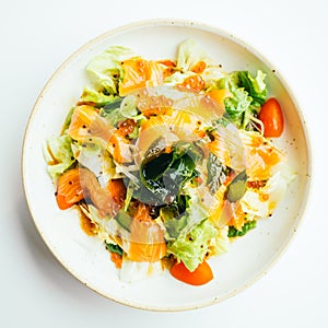 Raw fresh salmon meat sashimi with vegetable salad