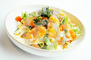 Raw fresh salmon meat sashimi with vegetable salad