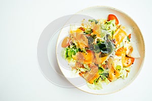 Raw fresh salmon meat sashimi with vegetable salad