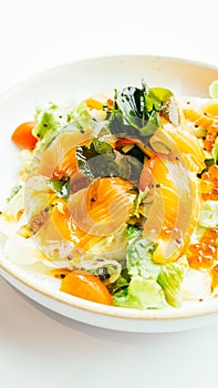 Raw fresh salmon meat sashimi with vegetable salad