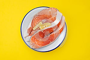 Raw fresh salmon trout and salmon on dish