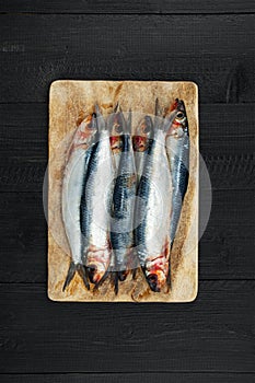 Raw fresh sardines and on the dark table