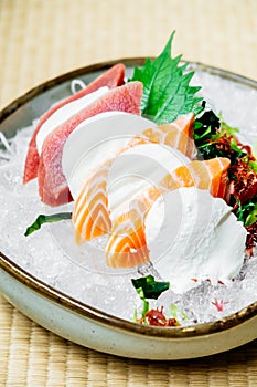 Raw and fresh sashimi set with salmon and tuna fish meat