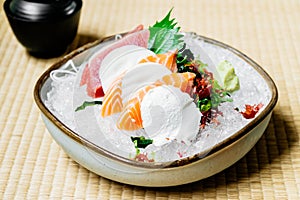 Raw and fresh sashimi set with salmon and tuna fish meat