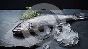 Raw fresh sea bass fish with parsley on black stone background. Generative AI