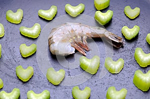 Raw fresh shrimp with celery