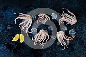 Raw fresh squid tentacles on a black concrete background, top view, text space