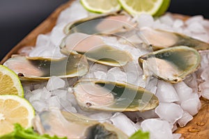 Raw fresh seashell (machas), presented on a wooden board