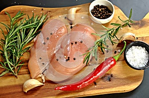 Raw fresh uncooked chicken breast meat fillet dish