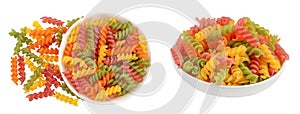 raw Fusilli colored pasta in ceramic bowl isolated on white background with  full depth of field. Top view. Flat lay