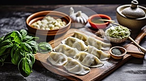 Raw gedza dumplings. Preparation dumpling gedza with spinach. On dark rustic background, Generative AI