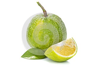 Raw green fruit, madarin citus on white background