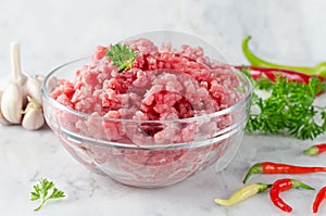 Raw ground beef and ingredients