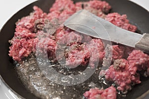 Raw ground beef with lots of grease in kitchen