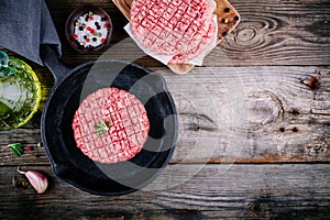 Raw ground beef meat burger steak cutlets in frying pan