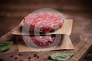 Raw ground beef meat burger steak cutlets on wooden background