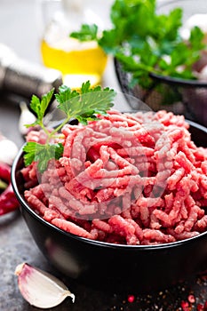 Raw ground beef meat with ingredients for cooking. Fresh minced meat