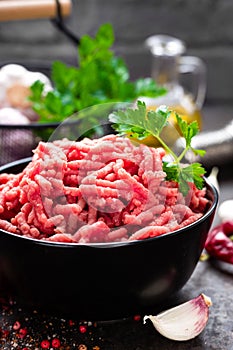 Raw ground beef meat with ingredients for cooking. Fresh minced meat