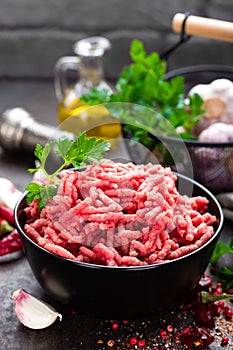 Raw ground beef meat with ingredients for cooking. Fresh minced meat