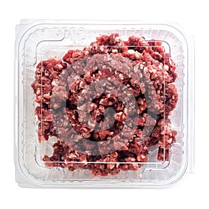 Raw Ground Meat in a plastic box isolated on white