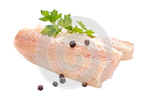 Raw Hake fish fillet pieces. photo