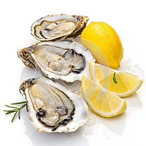 Raw half shell oysters with lemons isolated on white photo