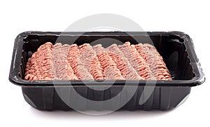 Raw Hamburger Meat in a Plastic Package on a White Background