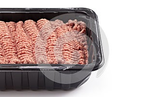 Raw Hamburger Meat in a Plastic Package on a White Background