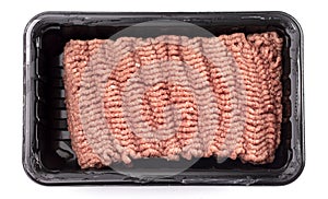 Raw Hamburger Meat in a Plastic Package on a White Background