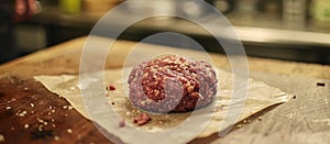 Raw Hamburger on Wooden Cutting Board