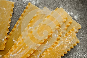 Raw hard homemade fluted lasagna sheets in flour close-up. real life atmosphere. homemade pasta made from durum wheat.