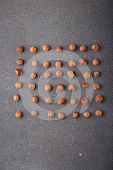 raw hazelnuts in shells lay out in square shape on grey background