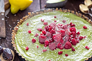 Raw Healthy Paleo Avocado Lemon Cake with Banana and Raspberries