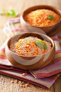 Raw healthy red lentils in bowl