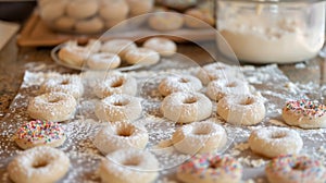 Raw homemade donuts before frying on a wooden table. National Donut Day