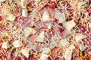 Raw homemade pizza close-up. Pizza background with mozzarella cheese and salami