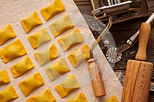 Raw homemade ravioli pasta with spinach and ricotta