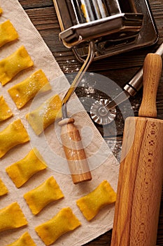 Raw homemade ravioli pasta with spinach and ricotta