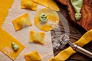 Raw homemade ravioli pasta with spinach and ricotta