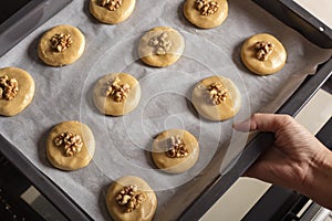 Raw honey biscuits with walnuts on a baking sheet with parchment paper, ready for baking.