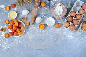 Raw ingredients for cooking apricot pie. Bakery background top view