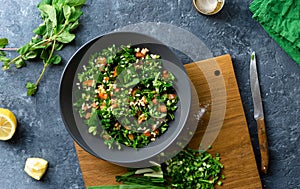 Raw ingredients cooking salad tabouli Healthy food