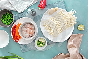 Raw ingredients cooking udon noodles chicken meat stone surface home kitchen top view